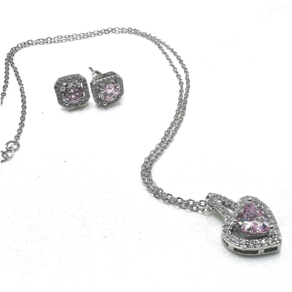 Pink Heart Made with Swarovski Crystal Necklace Earrings Set Stainless Steel New